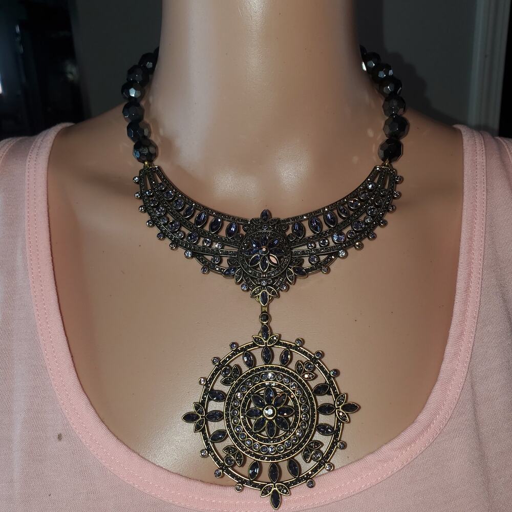 Heidi Daus French Twist Crystal Statement Necklace Brooch Purple Gold Tone
